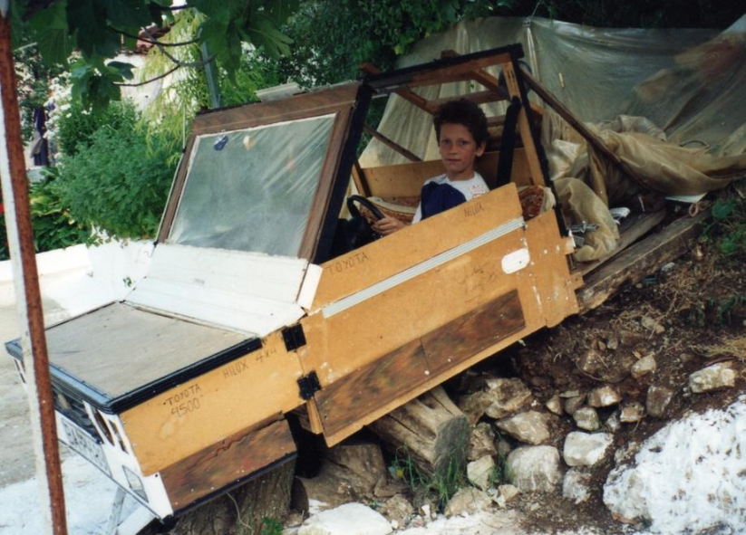 First car - wooden chassis, three-quarter view with me inside