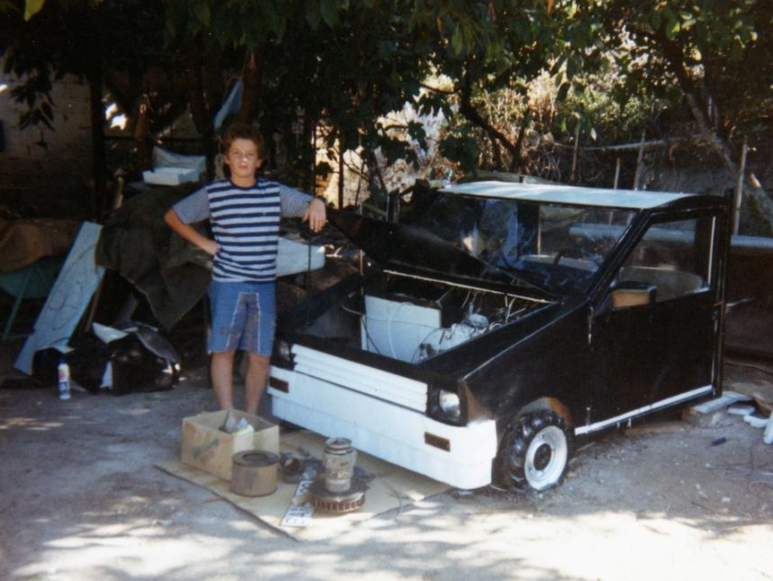 Second car - steel frame with bodywork, me standing next to it